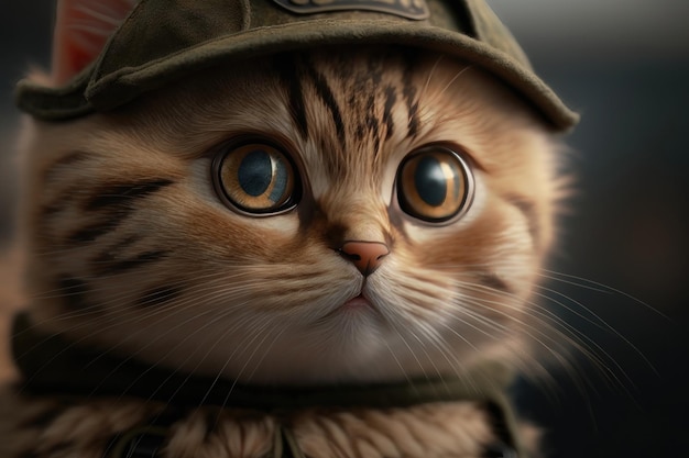 Lindo gato con grandes ojos en una gorra militar primer generación de IA