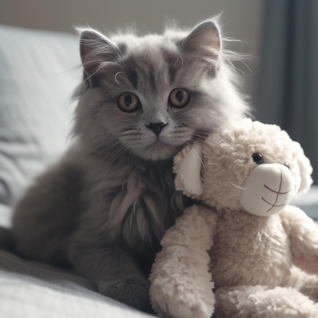 un lindo gato gris abrazando a un oso de peluche esponjoso