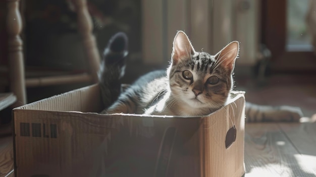 Un lindo gato gris en una caja de cartón en el suelo de casa.