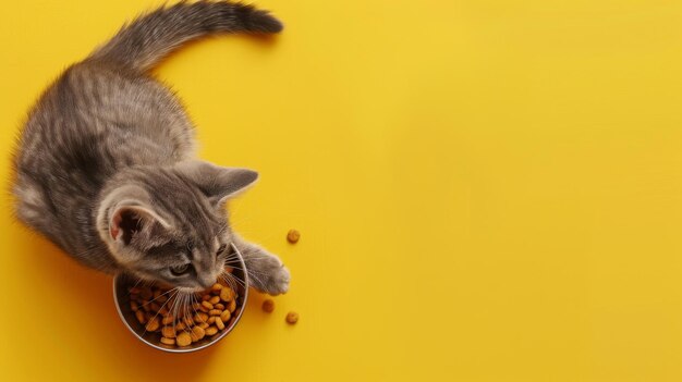 Un lindo gato gris y un cuenco de comida sobre un fondo amarillo alcanzando su comida favorita