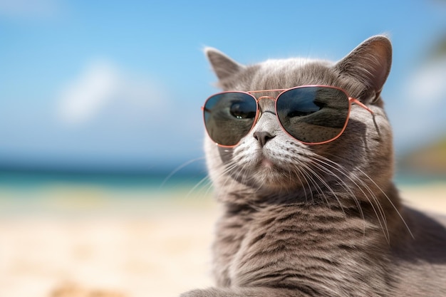 Lindo gato gris descansando con gafas de sol junto al mar