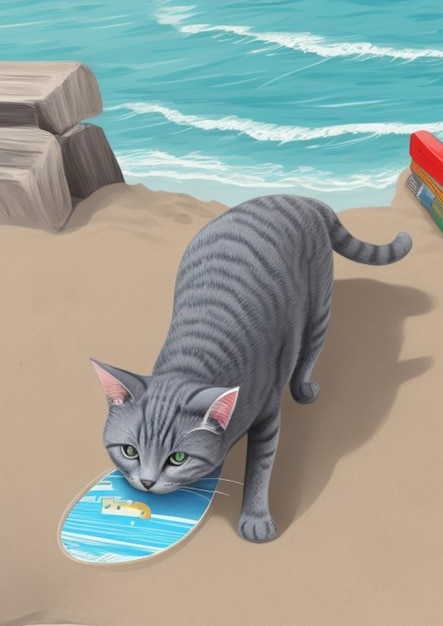 un lindo gato gris jugando en la ilustración de la playa