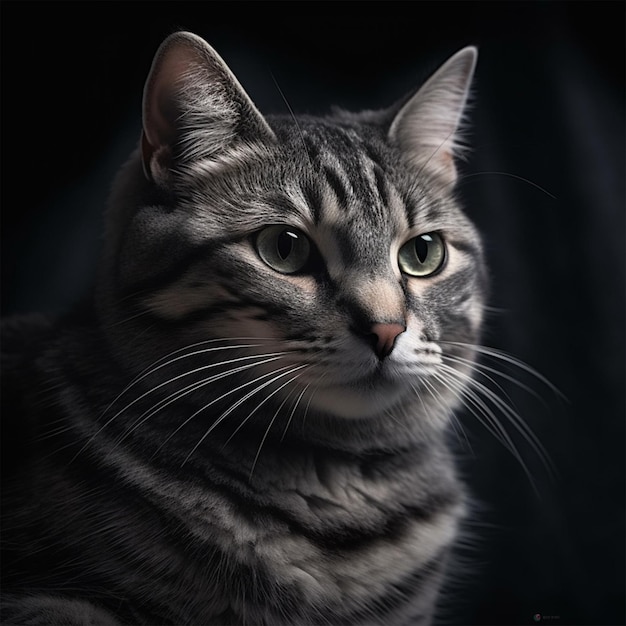 El lindo gato gris de primer plano con fondo negro