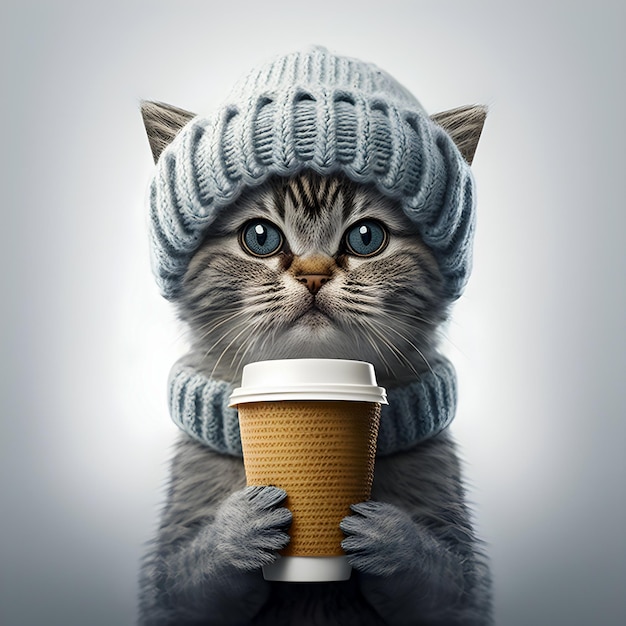 Lindo gato hipster con un gorro de lana de punto sosteniendo una taza de café illustartion