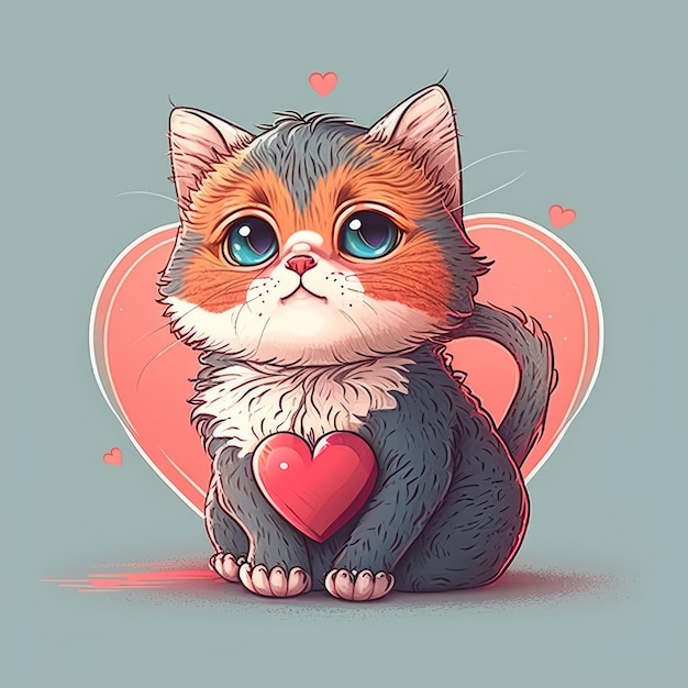 Lindo gato ilustrado con corazón Ilustración AI GenerativexA