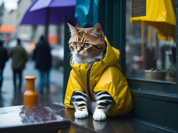 un lindo gato con un impermeable amarillo se sienta en un café callejero generado por la IA