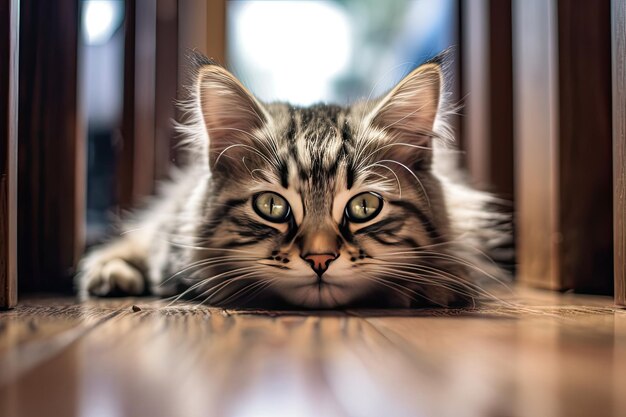 Un lindo gato joven y esponjoso se encuentra en una habitación sobre un piso de madera