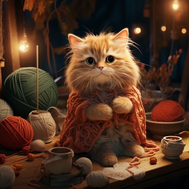 un lindo gato jugando a la pelota de tejer en un mundo de dibujos animados