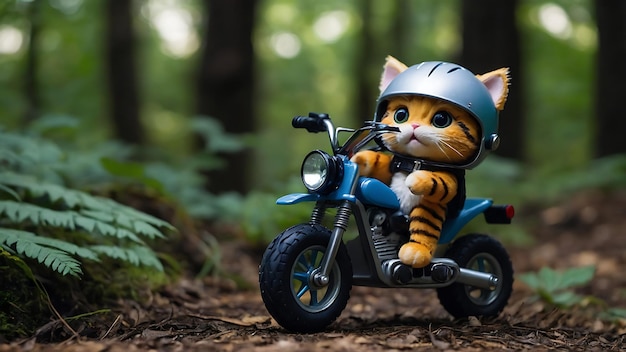 Un lindo gato de juguete vaga por la jungla en una mini bicicleta