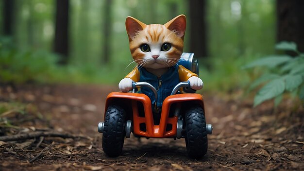 Un lindo gato de juguete vaga por la jungla en una mini bicicleta