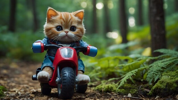 Un lindo gato de juguete vaga por la jungla en una mini bicicleta