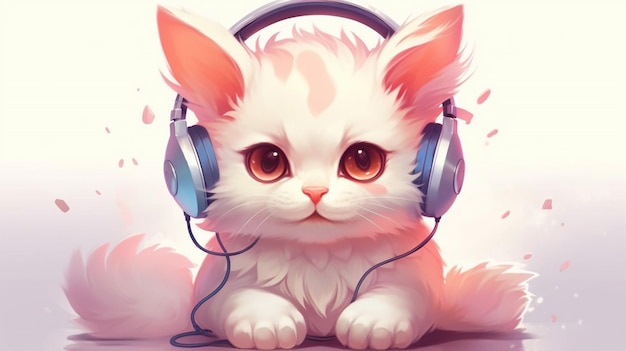 El lindo gato kawaii con auriculares