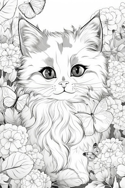 Un lindo gato kawaii para colorear libros de fondo florido IA generativa