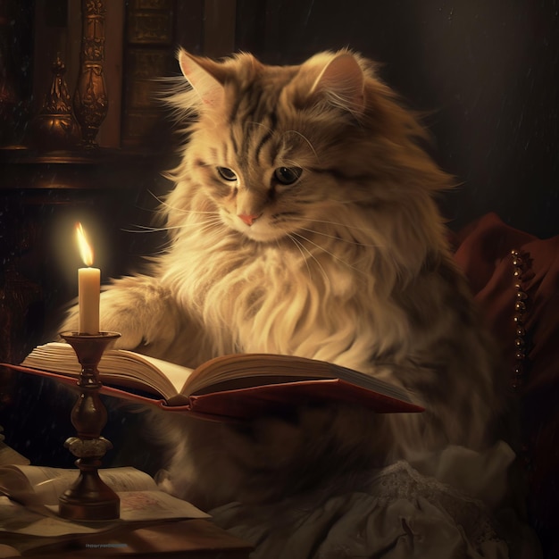 Un lindo gato leyendo un libro