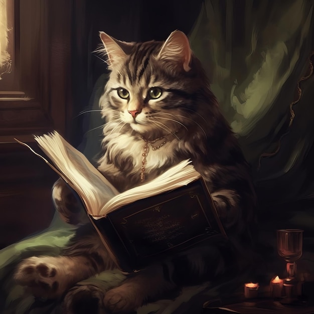 Un lindo gato leyendo un libro