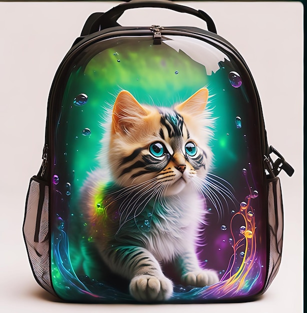 Foto lindo gato lindo, esponjoso y vibrante se sienta dentro de una mochila transparente fondo blanco ia generada