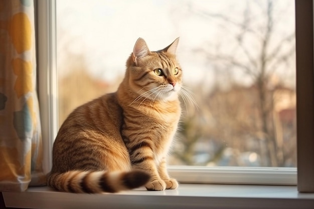 Lindo gato listrado laranja olhando pela janela Generative Ai