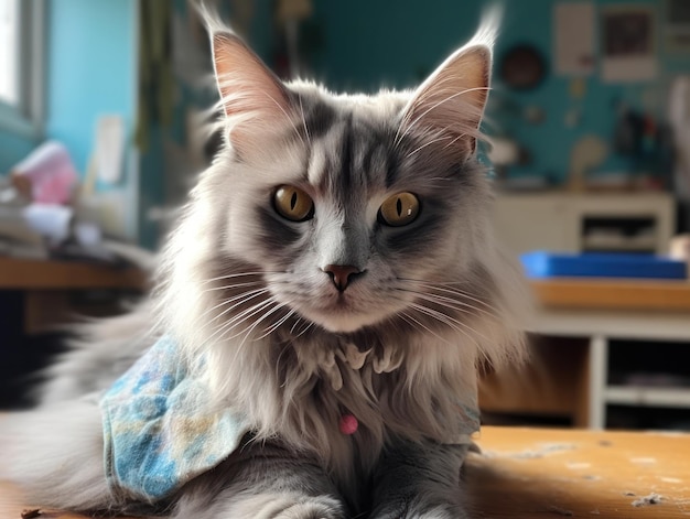 Un lindo gato maine coon gris está descansando ai generativo