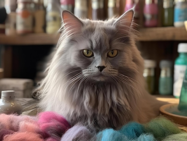 Un lindo gato maine coon gris está descansando ai generativo