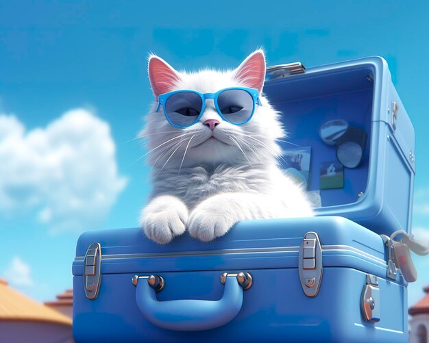 Lindo gato en maleta azul con gafas de sol AI generativo