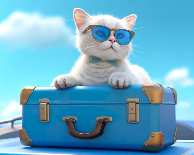 Lindo gato en maleta azul con gafas de sol AI generativo