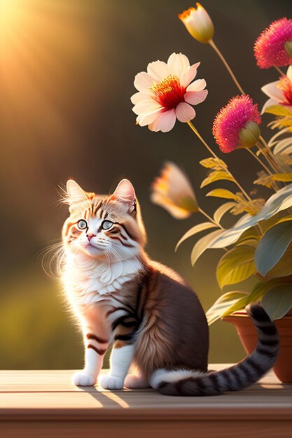 Lindo gato mañana sol flores