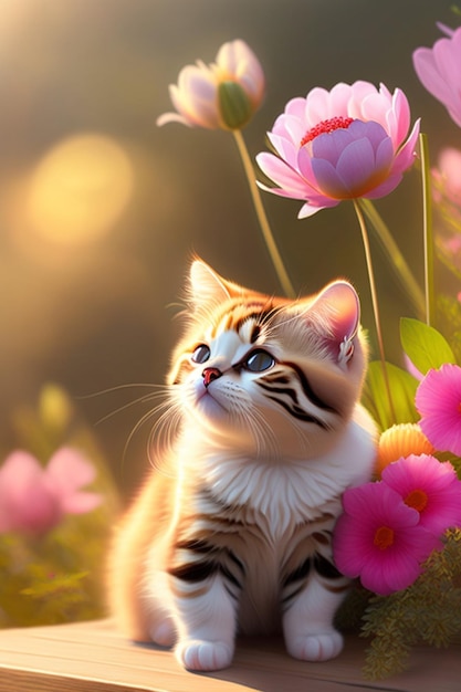 Lindo gato mañana sol flores