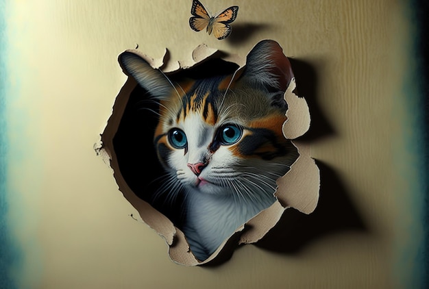 Lindo gato y mariposa en una intrigante imagen de agujero de papel