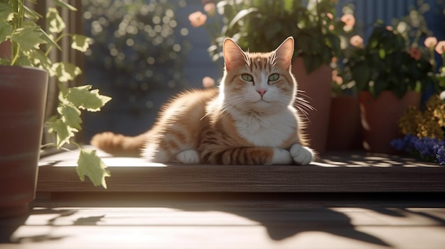 Lindo gato marrón atigrado acostado al aire libre en un banco de madera Un día soleado de verano en el jardín IA generativa