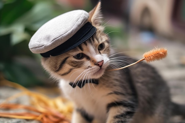 Lindo gato mascota en pastizales al aire libre