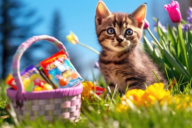 Lindo gato mascota en pastizales al aire libre