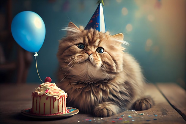 Lindo gato mascota en su fiesta de cumpleaños gato gato feliz AI Generar