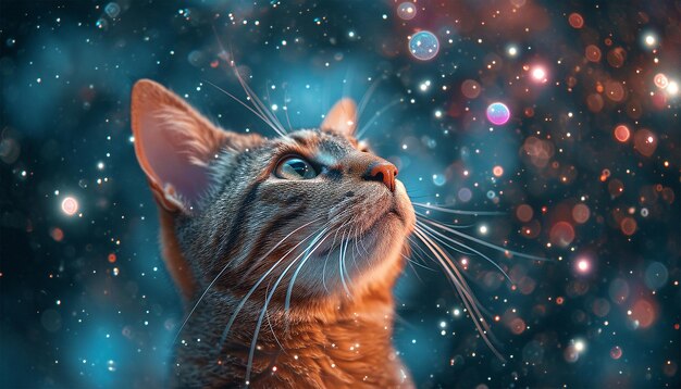 Un lindo gato mirando afuera al cielo colorido y estrellado un gatito lindo brillos mágicos un resplandor estelar