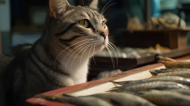 Lindo gato mirando los peces Gatito divertido oliendo los peces IA generada