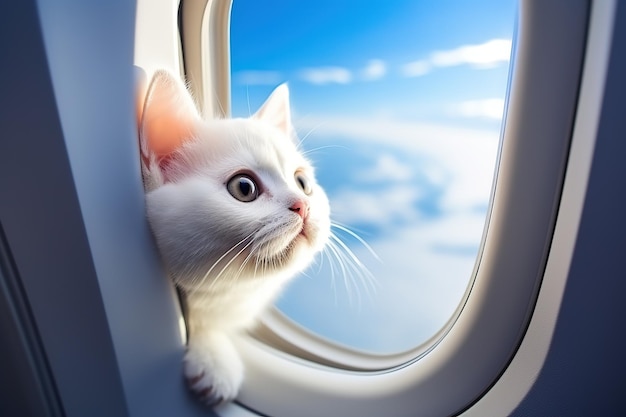 Lindo gato mirando por la ventana del avión durante el vuelo