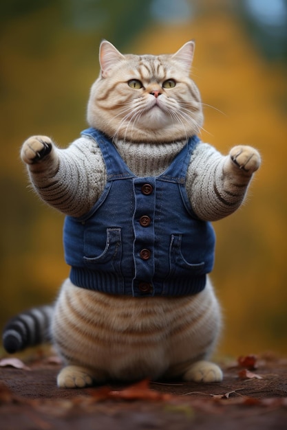 Un lindo gato muy gordo con un suéter se para sobre sus patas traseras