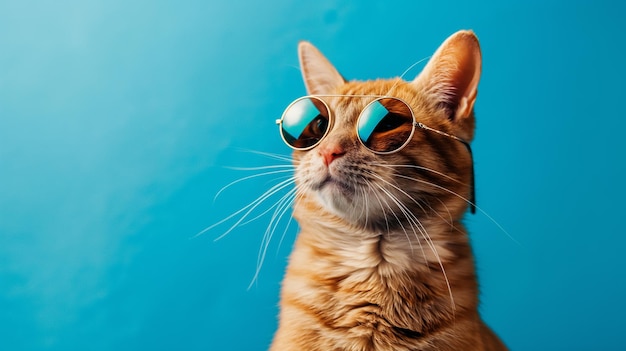 Un lindo gato naranja con gafas de sol aislado sobre un fondo azul.