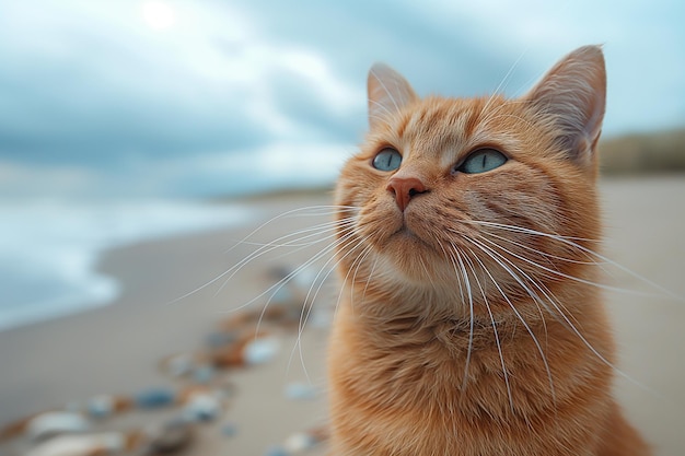 Un lindo gato naranja en la playa en un día soleado