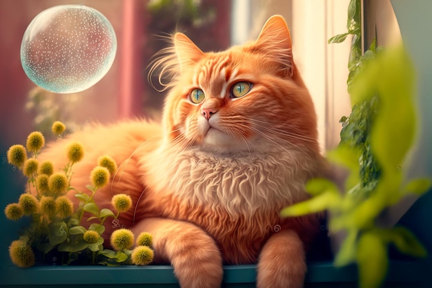 Lindo gato naranja sentado y mirando alrededor IA generativa