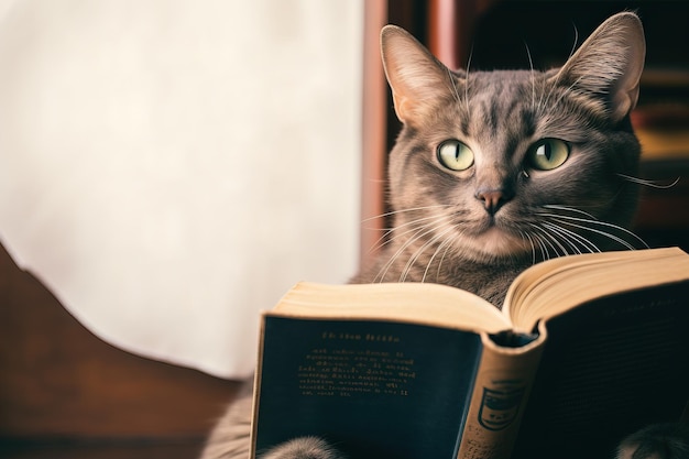 Lindo gato de negocios sosteniendo un libro y estrictamente concepto de conocimiento educativo IA generativa