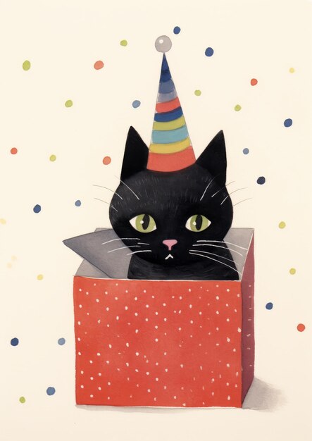 Lindo gato negro en una caja de regalo con un gorro de fiesta