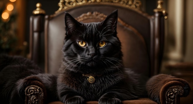 Un lindo gato negro con una corona con cara sonriente y sentado en el trono con fondo marrón
