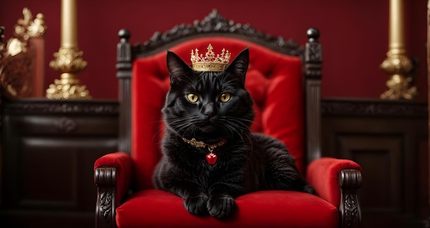 Un lindo gato negro con una corona con cara sonriente y sentado en el trono con fondo rojo