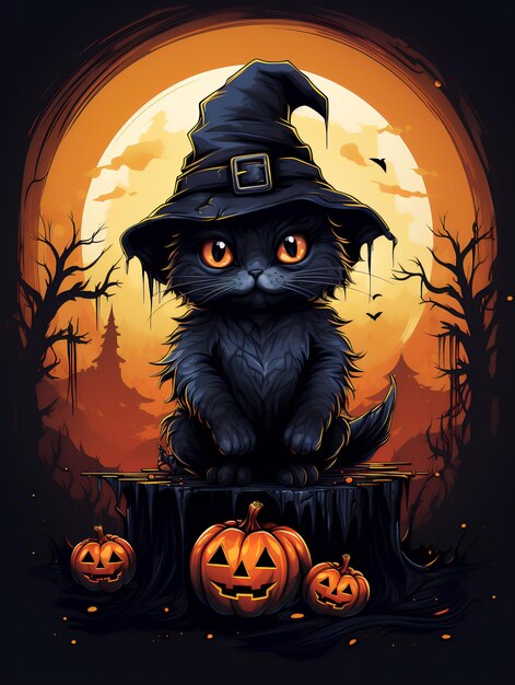 Lindo gato negro de dibujos animados Plantilla para una tarjeta de felicitación para Halloween IA generativa