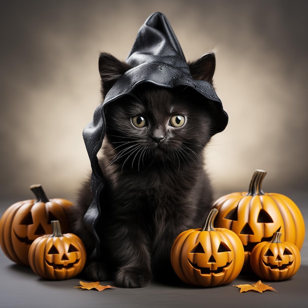 Lindo gato negro de dibujos animados sentado en la calabaza de Halloween con cara de miedo y un ratoncito escondido en t