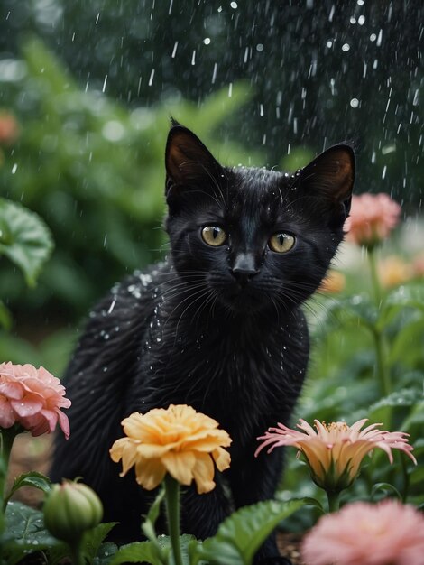 un lindo gato negro disfrutando de la lluvia en el jardín de flores