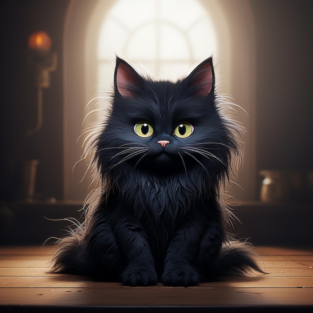 un lindo gato negro y esponjoso como personaje de pixar