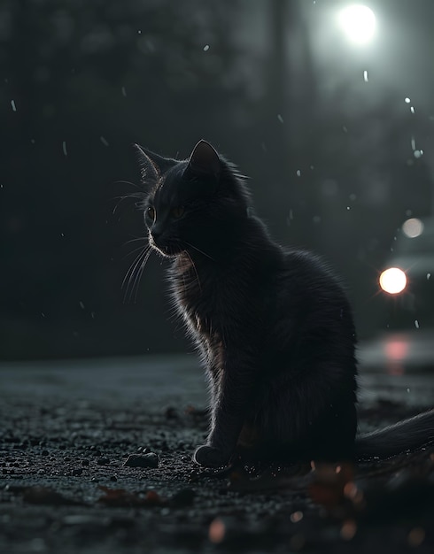 Un lindo gato negro sentado en la calle bajo la lluvia por la noche