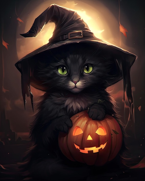 Lindo gato negro con sombrero de bruja gato de Halloween con calabaza Generado por AI