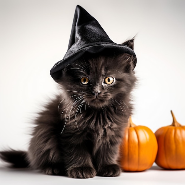 Un lindo gato negro con sombrero de bruja sobre una calabaza de Halloween
